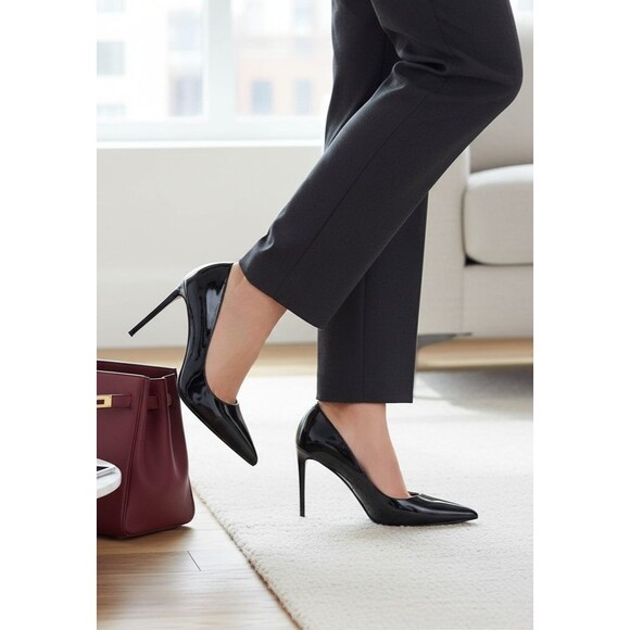 Mango Shoes - DESIGNER MNG BLACK FAUX PATENT LEATHER POINTED TOE HIGH HEEL PUMPS SHOES 8.M